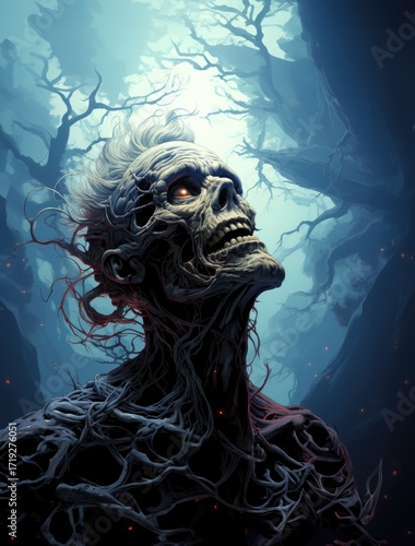 A haunting depiction of a skeletal figure emerging from a dark, eerie forest.