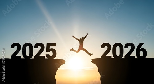 Man jumping from 2025 to 2026 on sunrise sky background representing happy new year and success