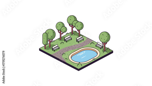 A tranquil isometric park scene provides a digital oasis with its serene pond, winding path, and inviting benches. Vector Illustration.