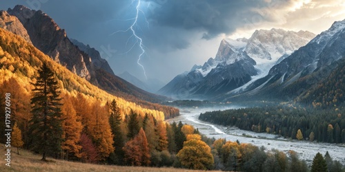 Autumnal mountain valley with a dramatic lightning strike in the sky.