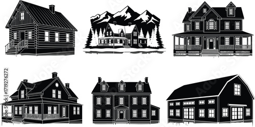 Architectural house collection, log cabin, lodge, Victorian home, colonial design, barn style, scenic buildings, residential styles, real estate, exterior views