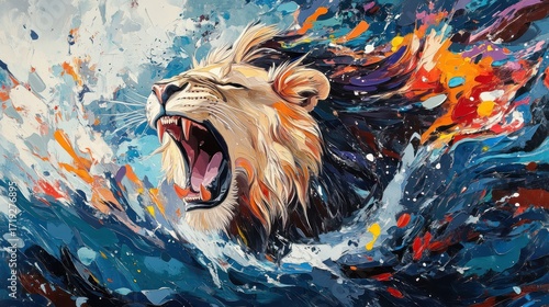Roaring lion in abstract waves. Possible use Fine art print or poster