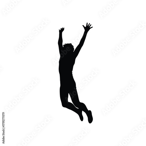 Silhouette of a person jumping with arms raised high against a plain white background view