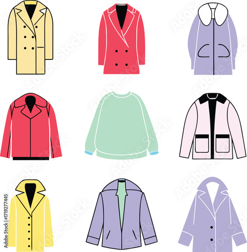 Collection of nine colorful illustrated jackets and coats on white outerwear fashion