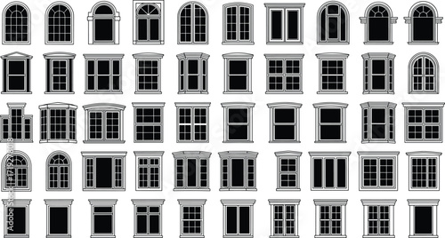 Architectural window collection, vintage frames, modern styles, decorative panes, classic shutters, arched windows, bay designs, home exterior inspiration, urban facade, symmetry