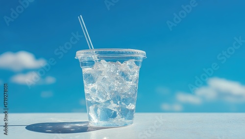 Clear plastic cup with ice cubes and straw against a vibrant blue sky