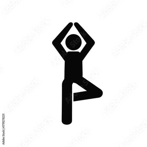 Black silhouette of a stick figure in tree pose with arms raised on a white background image
