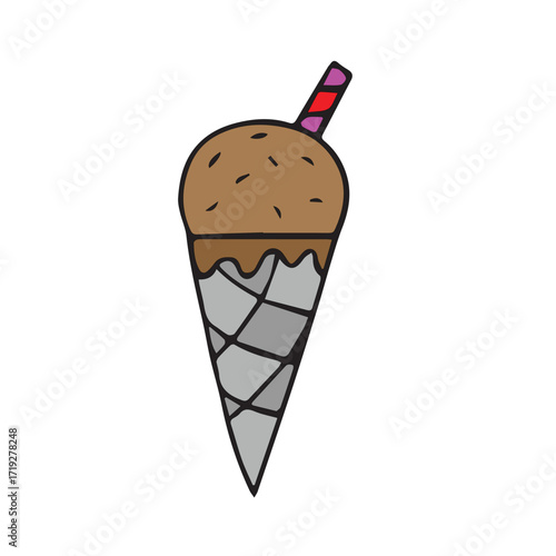 A charming, hand-drawn doodle of a single scoop chocolate ice cream in a waffle cone, capturing the simple joy of a refreshing summer treat