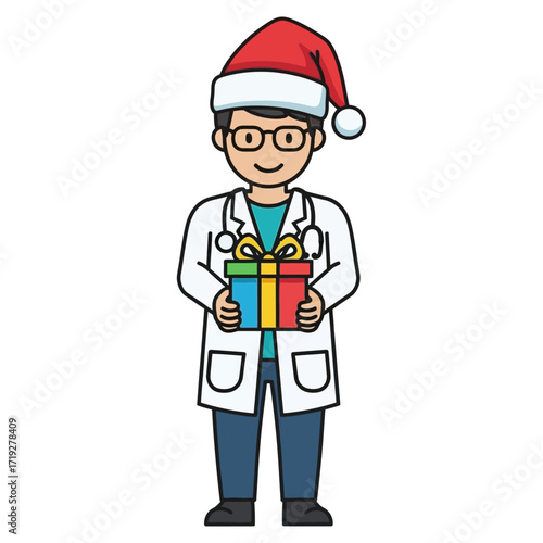 Cheerful Cartoon Doctor Santa Hat Gift Christmas Present Illustration