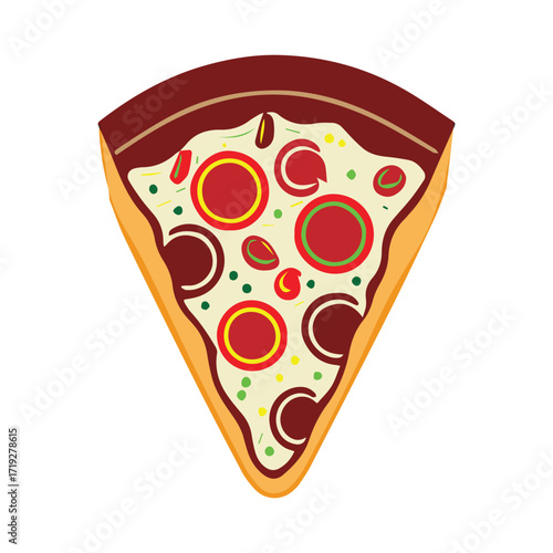 A vector graphic icon of a cheesy pepperoni pizza slice, a tasty and classic Italian fast food meal isolated on a white background