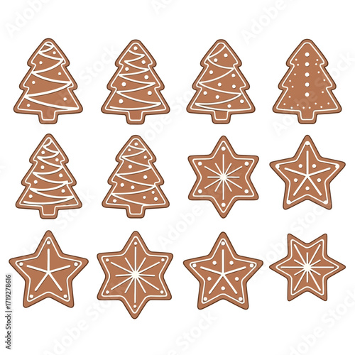 Festive Christmas Gingerbread Cookies:  Tree and Star Shapes,  White Icing Designs