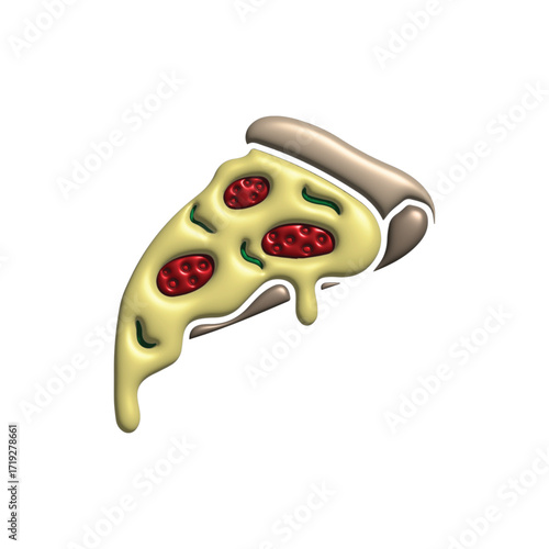 A vibrant 3D illustration of a delicious slice of pepperoni pizza with melted cheese, isolated on a white background