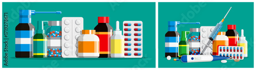Various medicine bottle, pill, syringe and thermometer on dark background. Pharmaceutical product kit for medical care and treatment.
