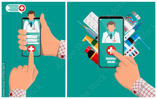 Man hand holding mobile phone with online medicine app. Doctor on screen, with medical items like pills and syringe. Telehealth conference.