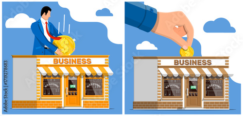 Man putting dollar coin into store. Hand putting coin into shop. Business investment, small business, startup, purchase, commerce concept.