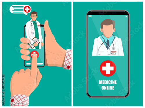Man hand holding smartphone with doctor on screen. Online medicine service. Telemedicine app. Health care support via mobile device concept.