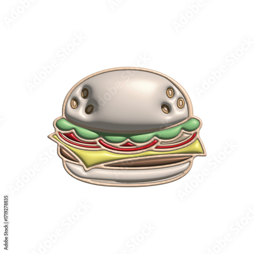 A stylized 3D cheeseburger icon with a glossy, beveled design, an isolated graphic symbol representing fast food and culinary concepts