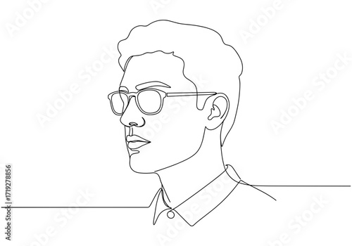 Line drawing of a young man wearing glasses in profile view  