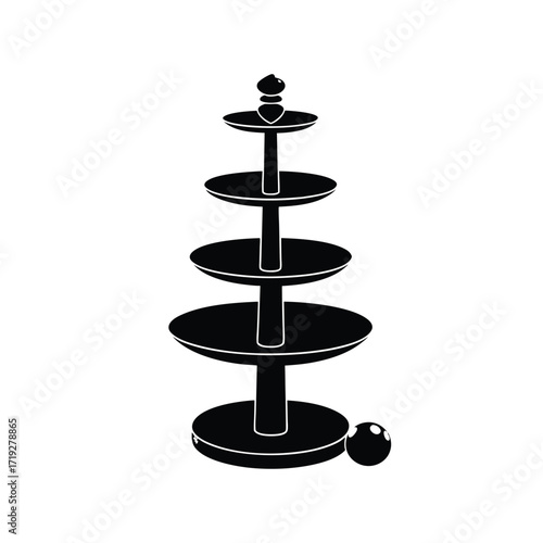 A black and white illustration of a five tiered stand with a ball at the bottom right side