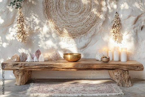 Zen inspired meditation corner with crystals and candles