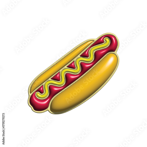Vibrant illustration of a classic hot dog, showing a sausage in a bun with yellow mustard and red ketchup, embodying the iconic fast food snack concept