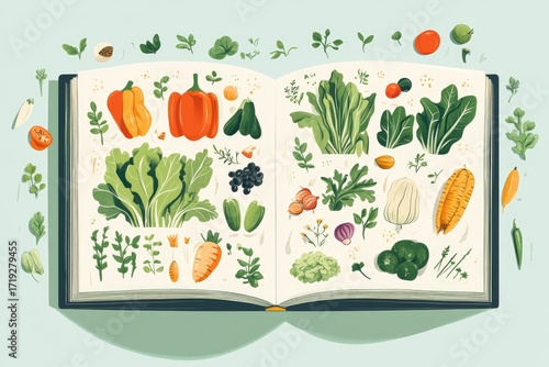 Vegetable garden book illustration with colorful produce