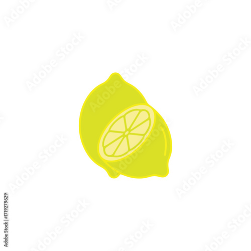 Vibrant yellow lemon illustration featuring a whole fruit and a cross-section slice, isolated on a white background. Simple flat vector icon design