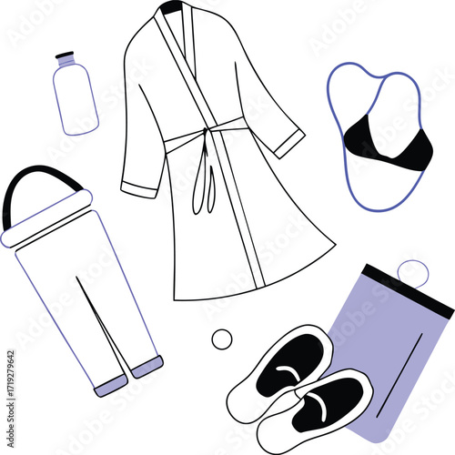 Flat lay of spa and travel accessories with robe and bikini on white vector illustration