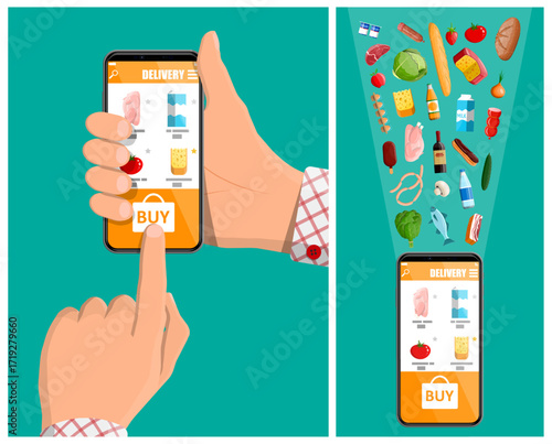 Man hand holding smartphone with grocery delivery app and finger pressing buy button. Online food ordering and express delivery service with fresh products.