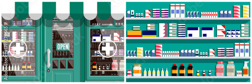 Pharmacy store front with awning. Drugstore window and pharmacy counter with medicament, pills, and bottle. Healthcare.