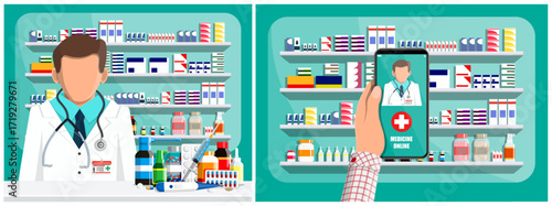 Man doctor standing in pharmacy with medicine and person hand holding smartphone with online medicine application for telehealth.