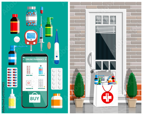 Online pharmacy on smartphone with medicine next to delivery bag filled with drugs at door. Drugstore concept for healthcare.