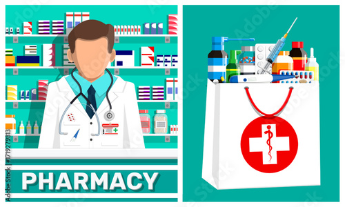Male pharmacist stand behind counter with pharmacy sign. Shopping bag full of medicine. Drugstore interior concept. Healthcare store.