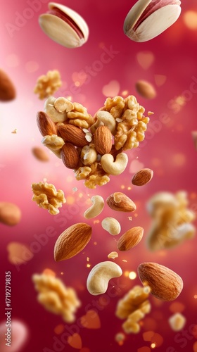 Heart-shaped mixed nuts with almonds, walnuts, and cashews on red background