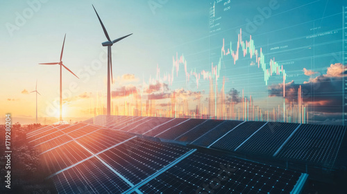 Renewable energy landscape showcasing solar panels and wind turbines at sunset with financial graphs in the background