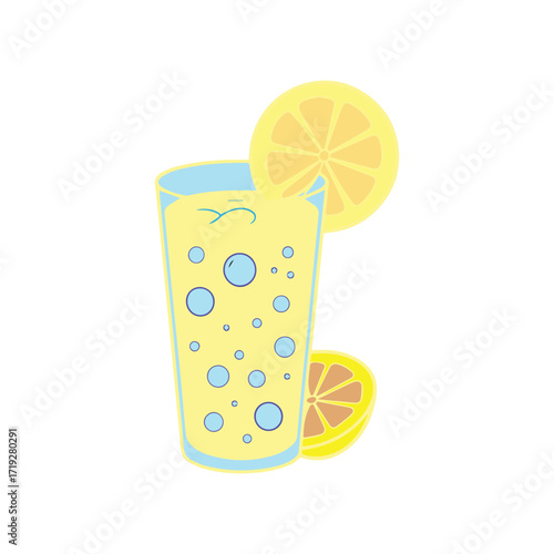 Refreshing beverage with lemon slices and bubbles in a tall glass