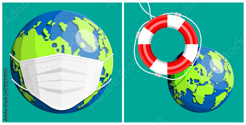 Planet earth in medical mask and a lifebuoy saving a globe. Global pandemic and environmental protection concept. World aid.