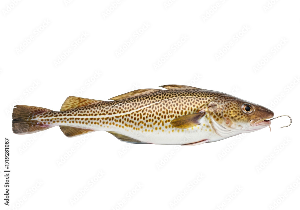 Naklejka premium Freshly caught atlantic cod or haddock fish with mottled brown/yellow patterns, white belly, silver hook, isolated on transparent studio background, high-key lighting, concept for seafood advertising
