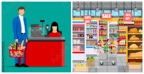 Man customer with shopping basket at checkout with woman cashier and supermarket interior. Retail store and grocery shopping concept.