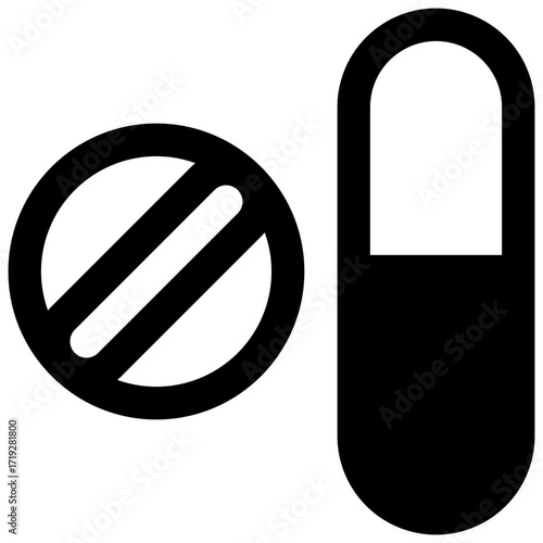 Medication. Outlined stroke vector icon with black-filled details.