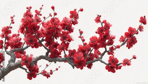 Branching red blossoms against white background