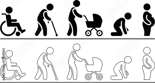 Life stages represented with stick figures from wheelchair to pregnancy