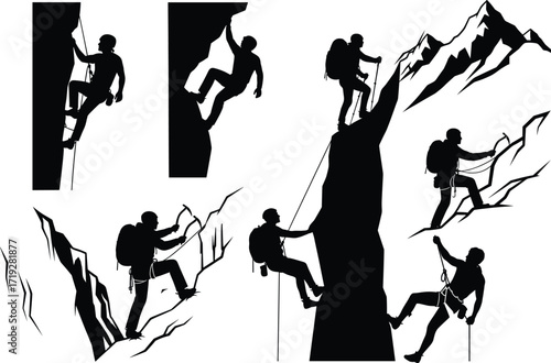 Rock climbing silhouette, black and white vector, mountain ascent, outdoor adventure, climbing gear, backpack climber, rugged terrain, rope action, sport