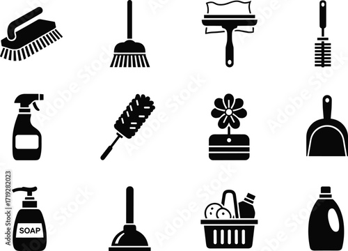 Cleaning tools, household supplies, silhouette icons, hygiene equipment, black vector set, sanitation items, home chores, maintenance gear, minimalist design, editable graphics