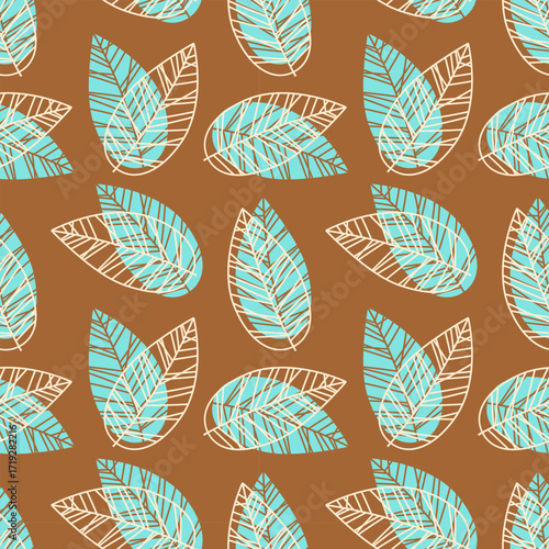 Coffee-brown pattern with bright blue leaves, autumn background, warm atmosphere, packaging, wallpaper, backdrop, backing, background.