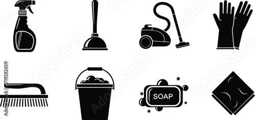 Cleaning tools, household supplies, hygiene essentials, sanitation gear, rubber gloves, vacuum cleaner, soap bar, scrubbing brush, bucket, spray bottle, plunger, cleaning cloth, foam bucket