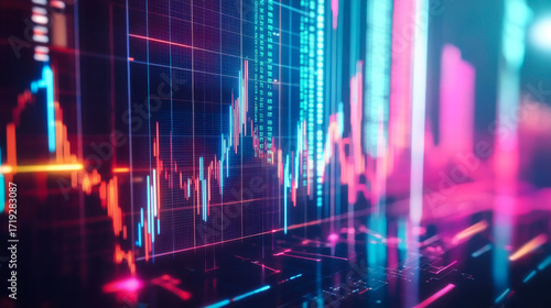 Visual representation of stock market trends with neon colors and digital graphics