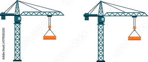 Construction cranes lifting loads, industrial machinery, tower crane operation, building site equipment, heavy lifting, engineering tools, urban development, construction technology