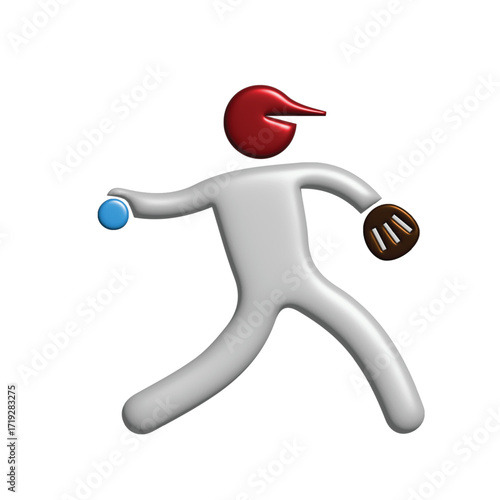 Dynamic 3D illustration of a stylized figure as a baseball pitcher in action, a sports concept icon representing athletic competition and teamwork