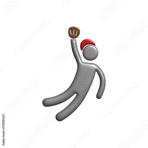 Dynamic 3D silver athlete figure in a red cap and brown glove, mid-air, reaching for a catch, embodying sport, agility, and competitive spirit with energetic movement